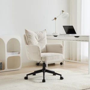 Chaise de bureau BATARU en velours côtelé crème avec piètement noir