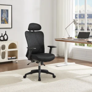 Fauteuil de bureau SORLITA noir en tissu, avec têtière et accoudoirs