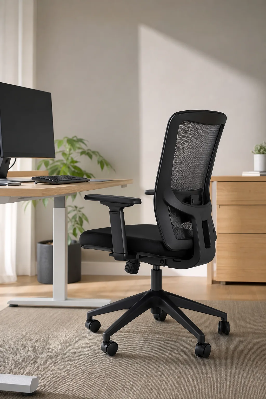 Fauteuil de bureau noir avec accoudoirs réglables placé devant un bureau équipé d’un écran et d’un clavier.
