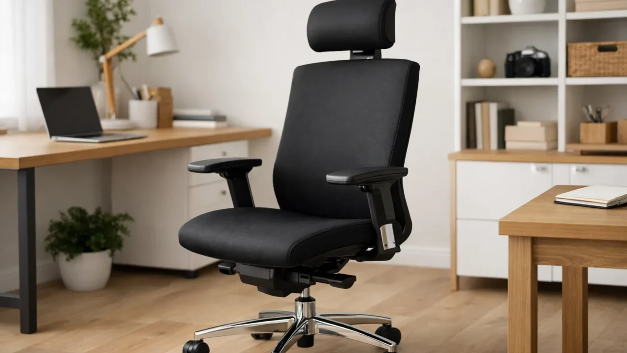 Chaise de bureau noire avec appui-tête réglable dans un espace de travail lumineux.