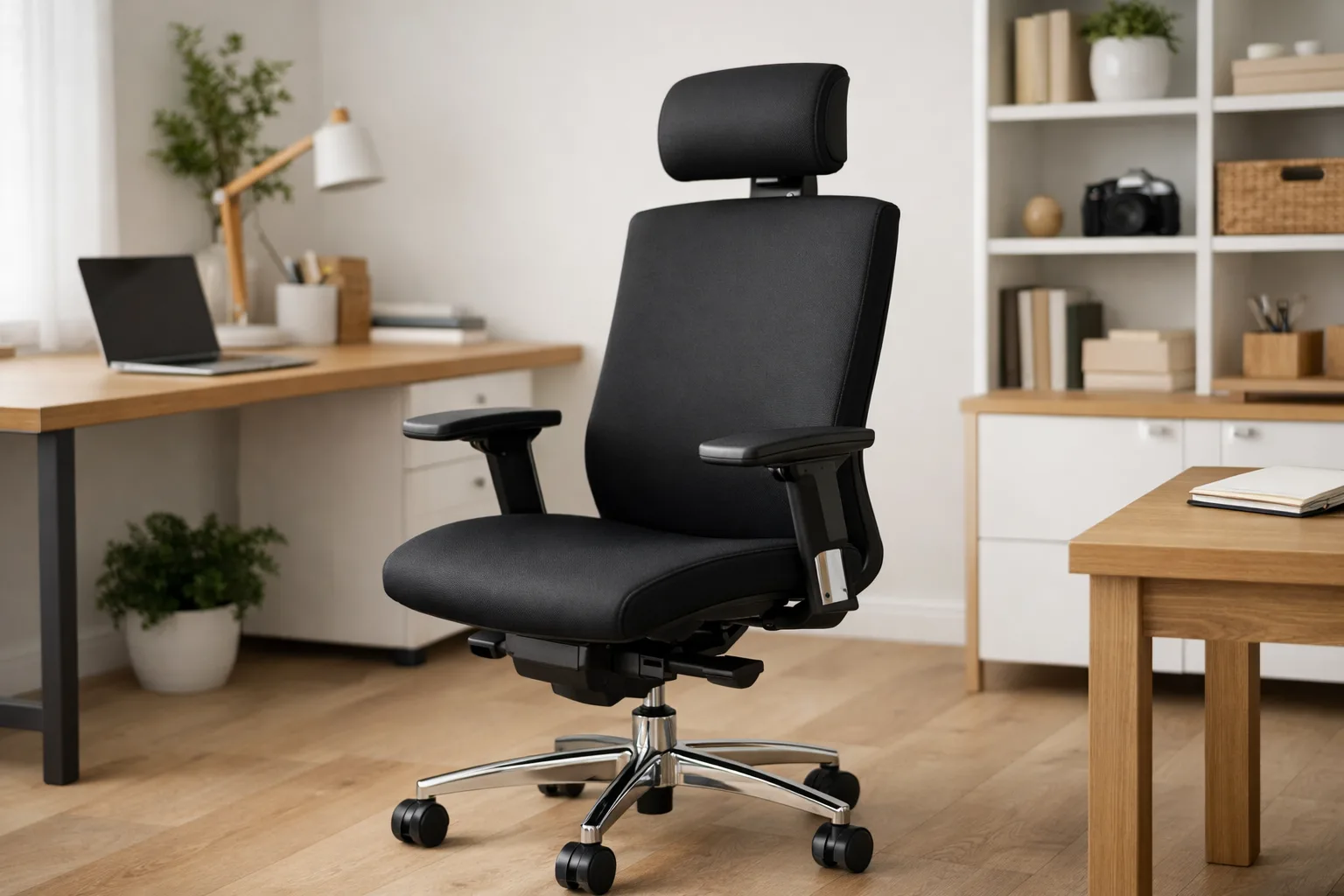 Chaise de bureau noire avec appui-tête réglable dans un espace de travail lumineux.