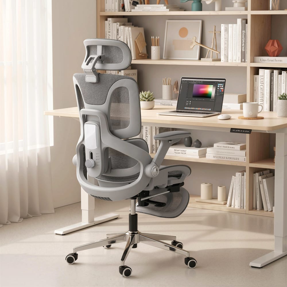 Chaise de bureau Homcom grise en maille avec accoudoirs 4D et appui-tête réglable — vue 2