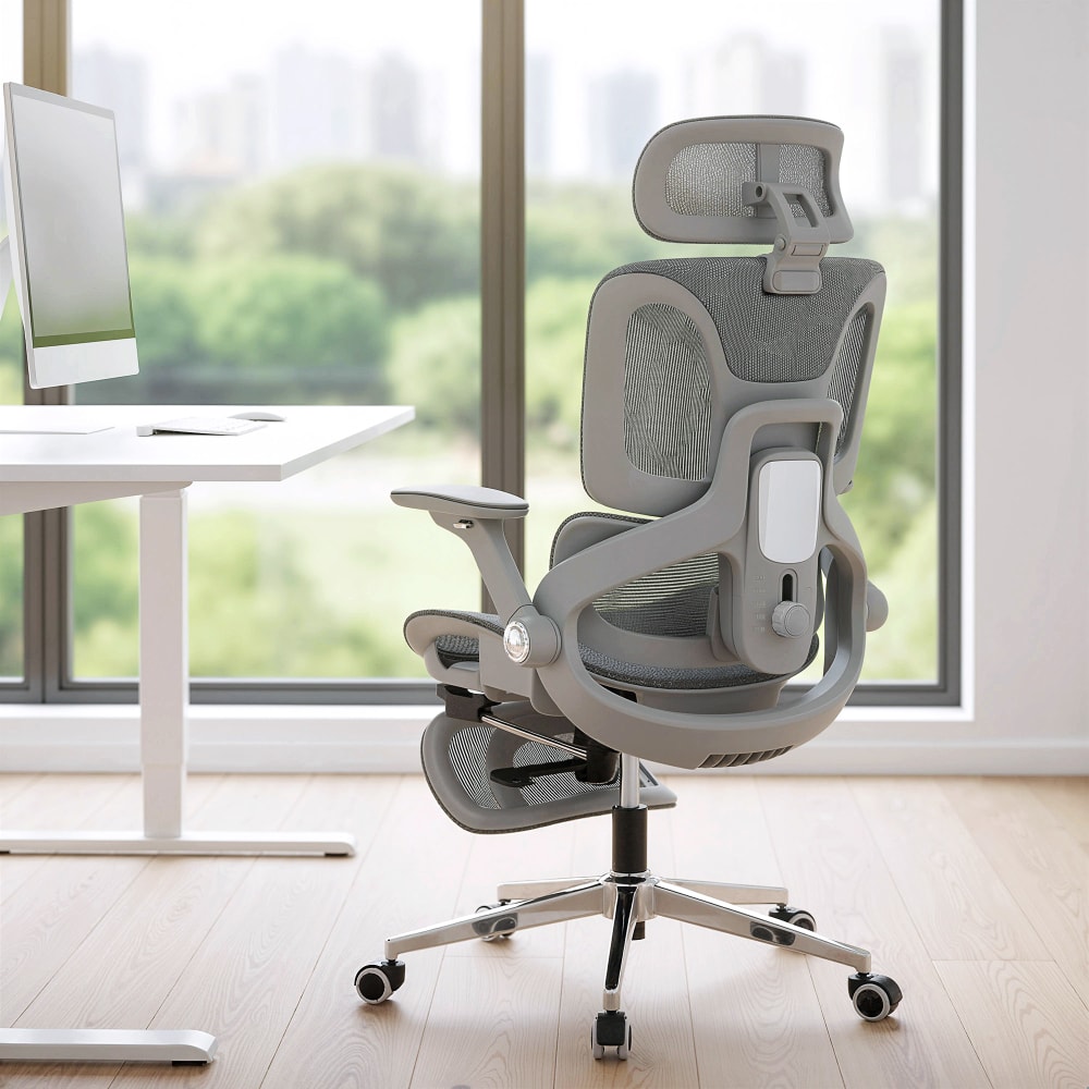Chaise de bureau Homcom grise en maille avec accoudoirs 4D et appui-tête réglable — vue 3