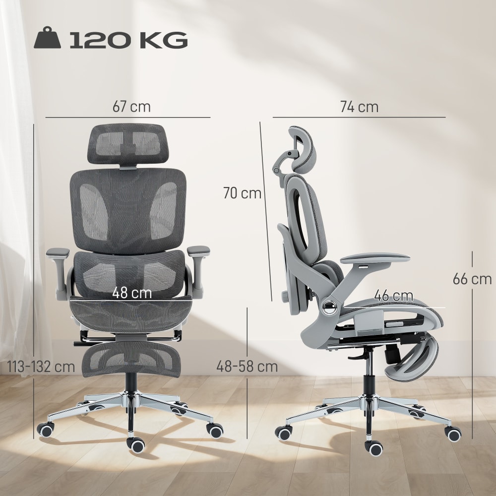 Chaise de bureau Homcom grise en maille avec accoudoirs 4D et appui-tête réglable — vue 4