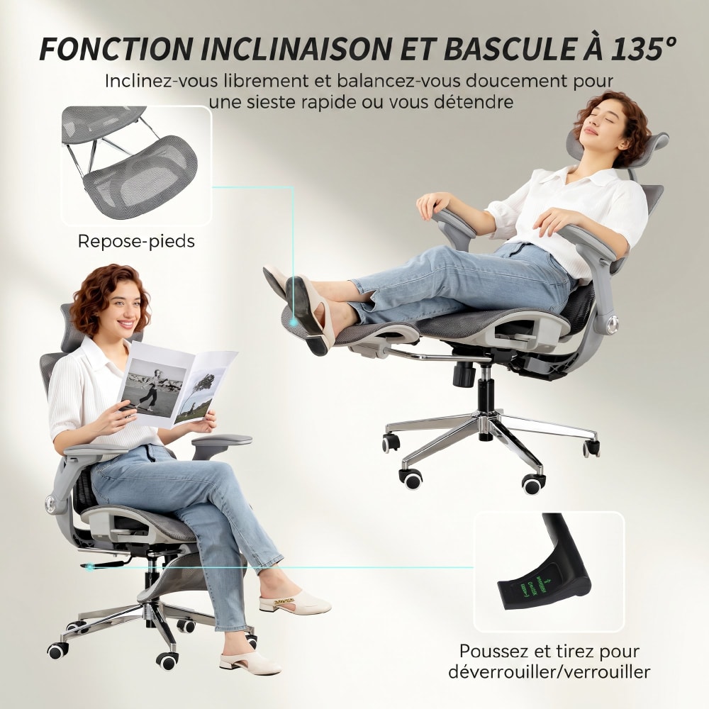 Chaise de bureau Homcom grise en maille avec accoudoirs 4D et appui-tête réglable — vue 5