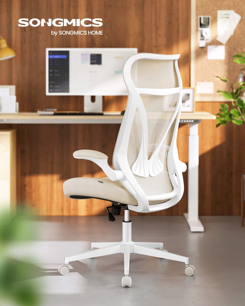 Chaise de bureau SONGMICS beige cappuccino avec accoudoirs rabattables — vue 2