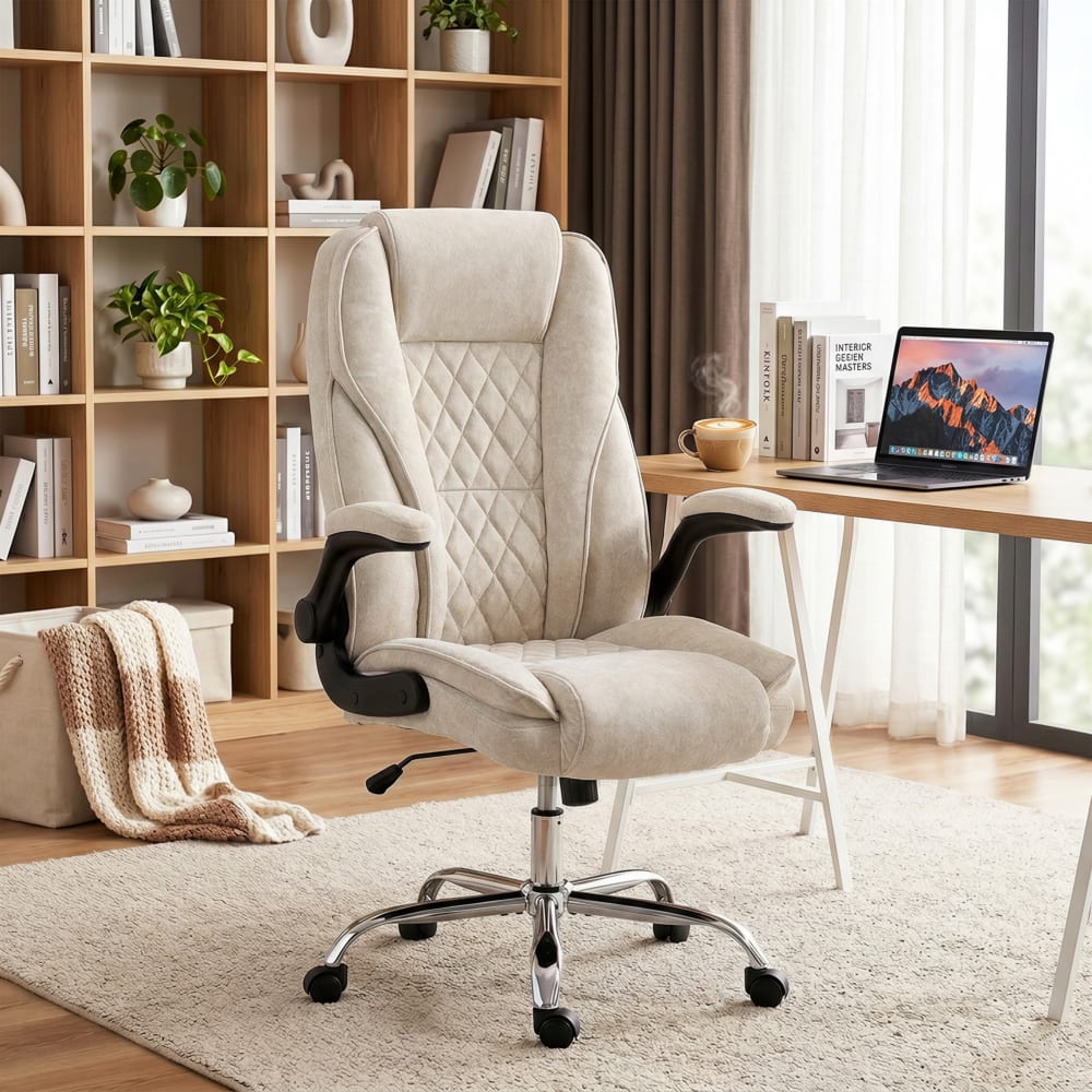 Chaise de bureau Homcom beige en velours avec accoudoirs rabattables — vue 2