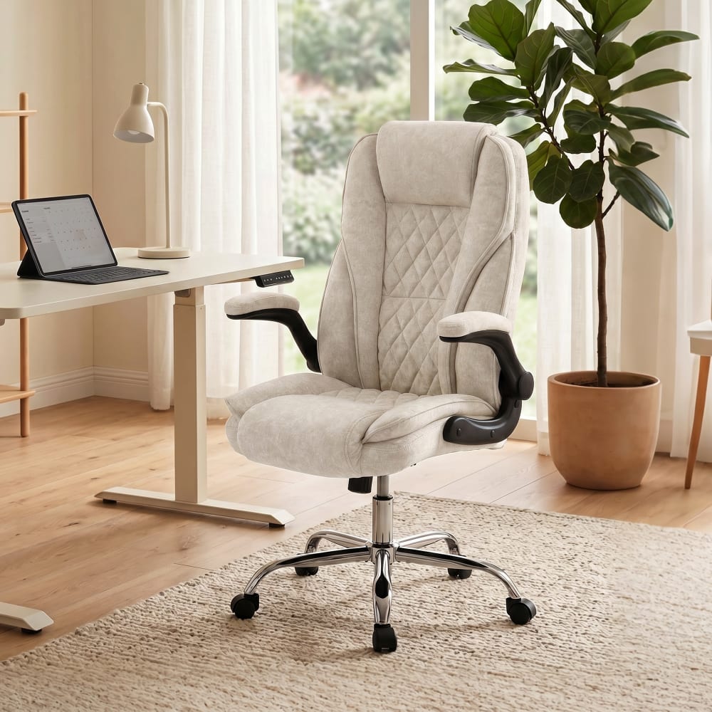 Chaise de bureau Homcom beige en velours avec accoudoirs rabattables — vue 3