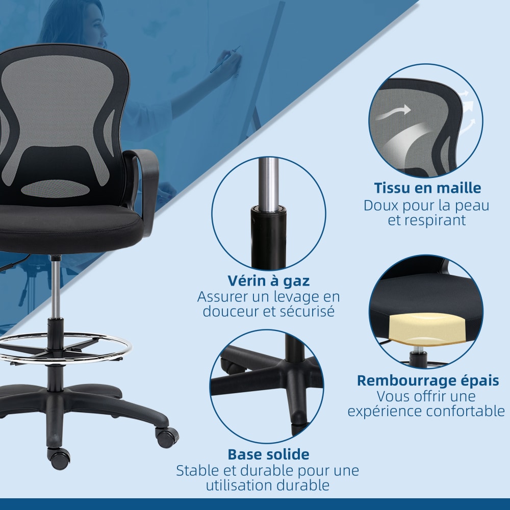 Chaise de bureau Vinsetto à assise haute, dossier en maille et repose-pieds réglable — vue 5