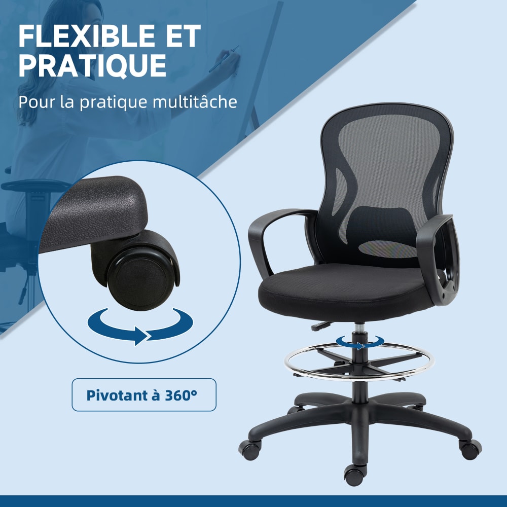 Chaise de bureau Vinsetto à assise haute, dossier en maille et repose-pieds réglable — vue 7