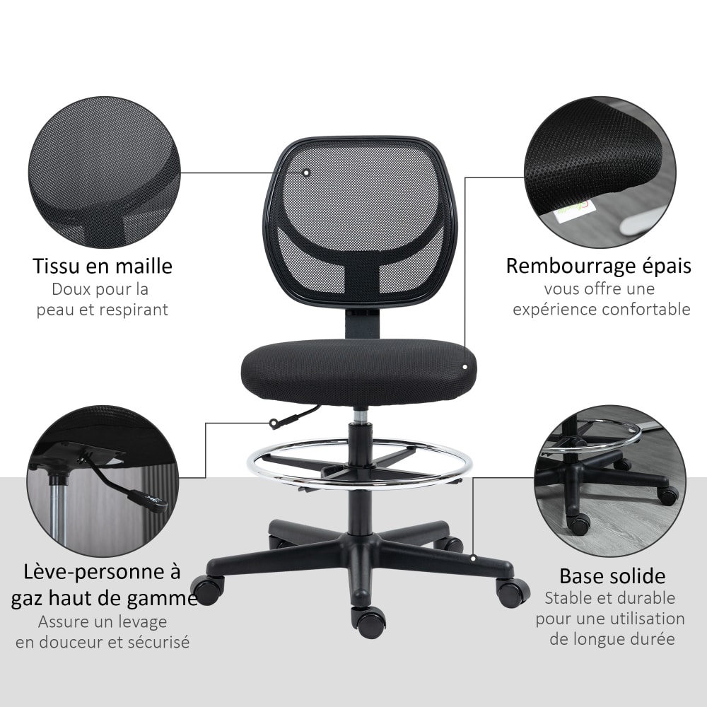 Chaise de bureau Vinsetto avec assise haute, maille noire et repose-pieds réglable — vue 5