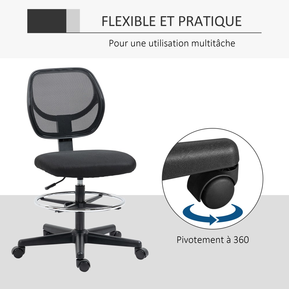 Chaise de bureau Vinsetto avec assise haute, maille noire et repose-pieds réglable — vue 7