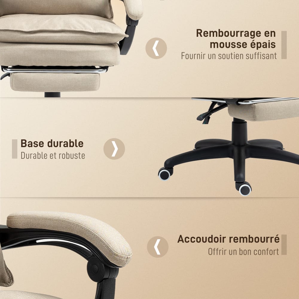 Chaise de bureau Vinsetto beige avec dossier inclinable et repose-pieds coulissant — vue 5
