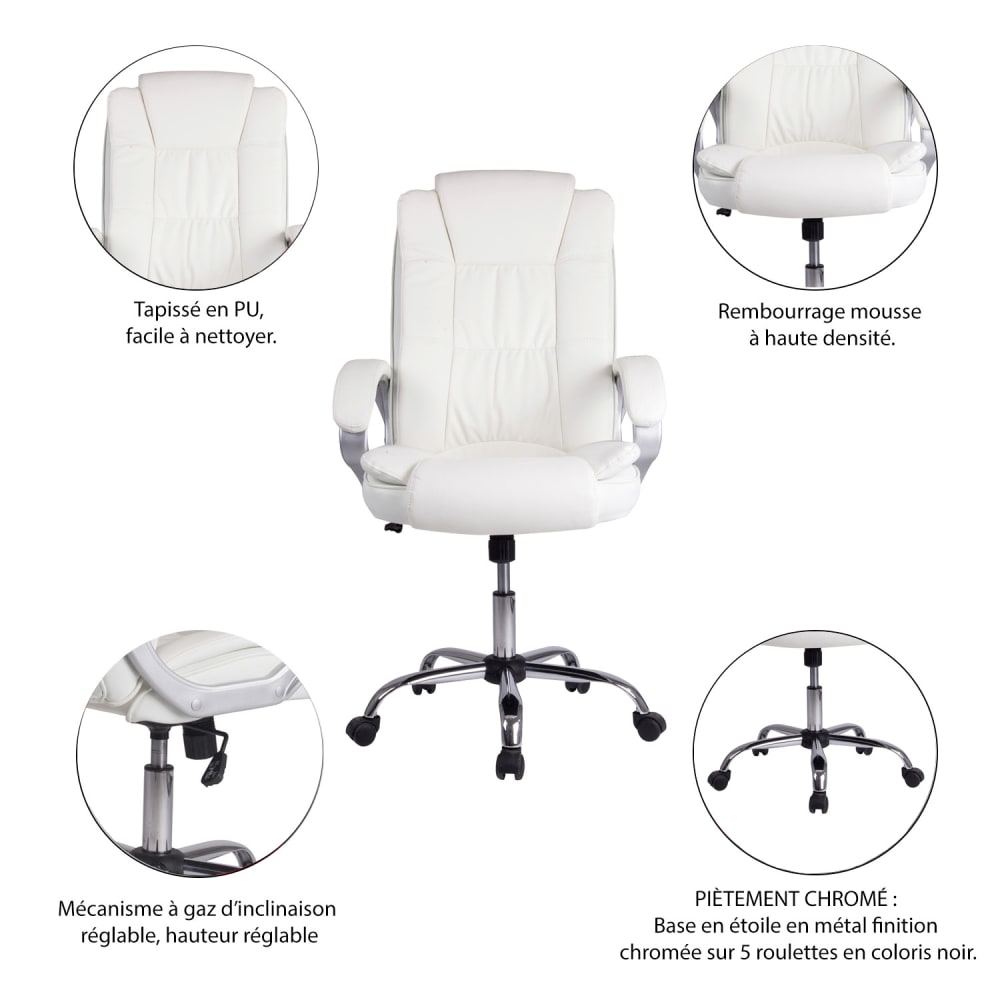 Fauteuil de bureau HOMN blanc en simili cuir avec base chromée — vue 4