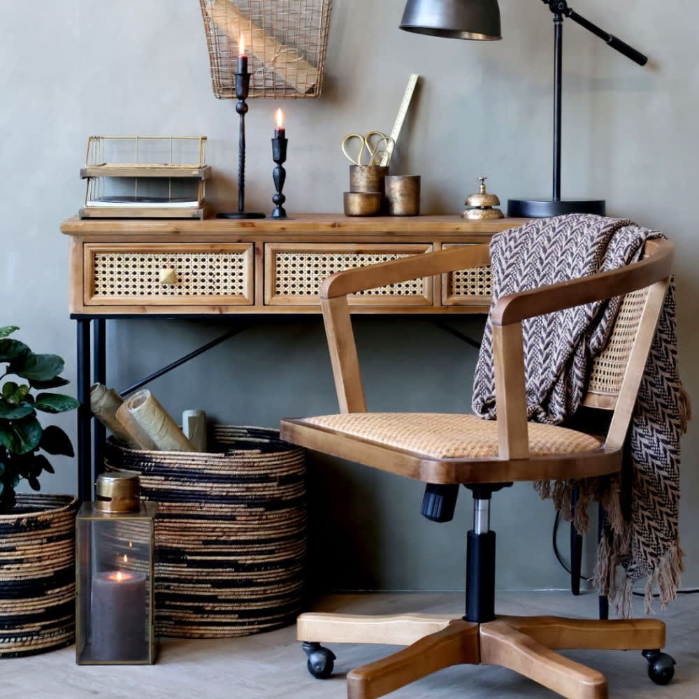 Chaise de bureau CHEMIN DE CAMPAGNE en bouleau et rotin avec roulettes — vue 2