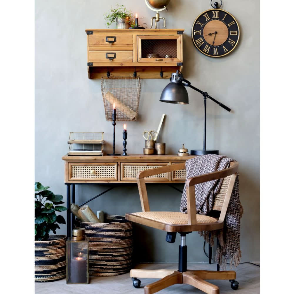 Chaise de bureau CHEMIN DE CAMPAGNE en bouleau et rotin avec roulettes — vue 3