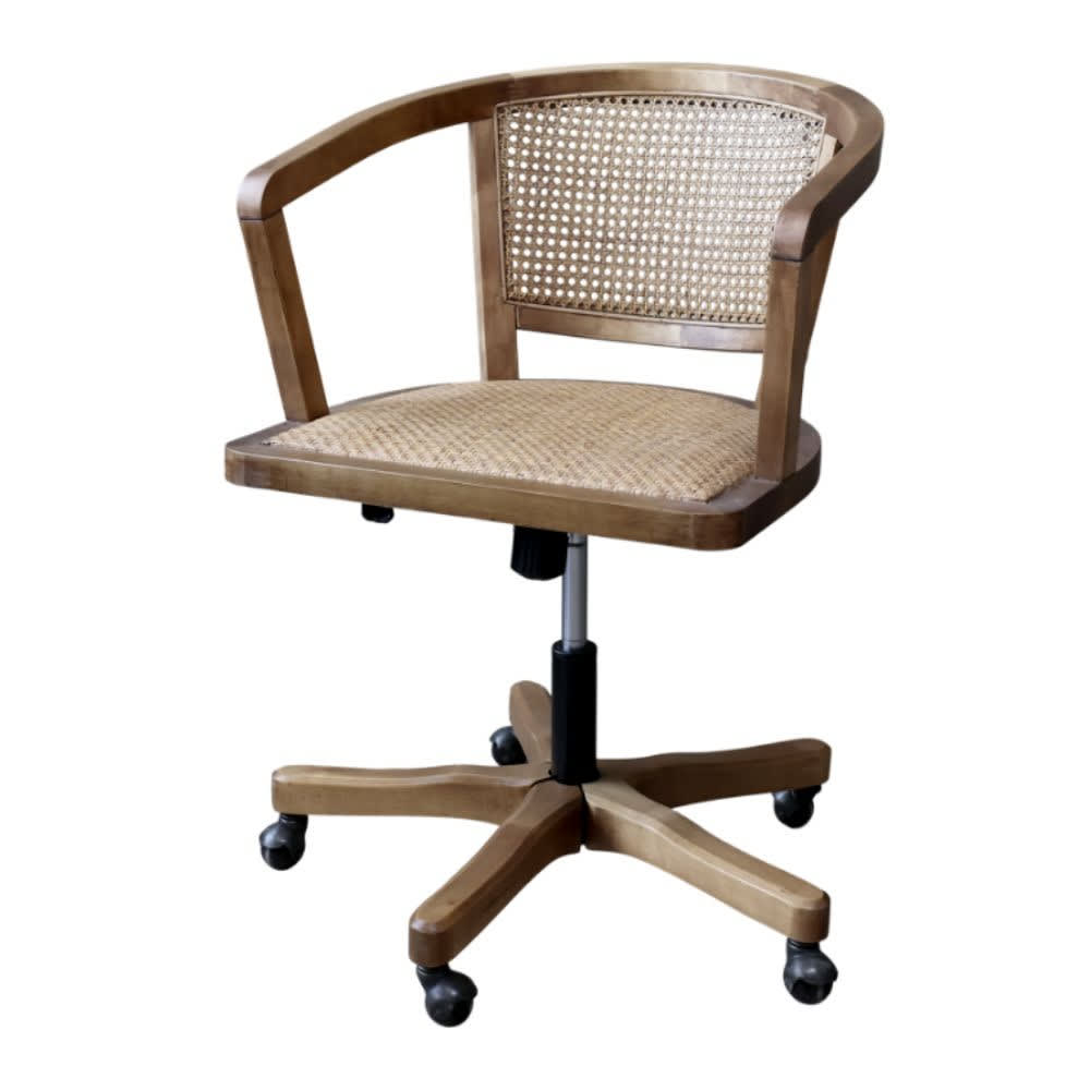 Chaise de bureau CHEMIN DE CAMPAGNE en bouleau et rotin avec roulettes