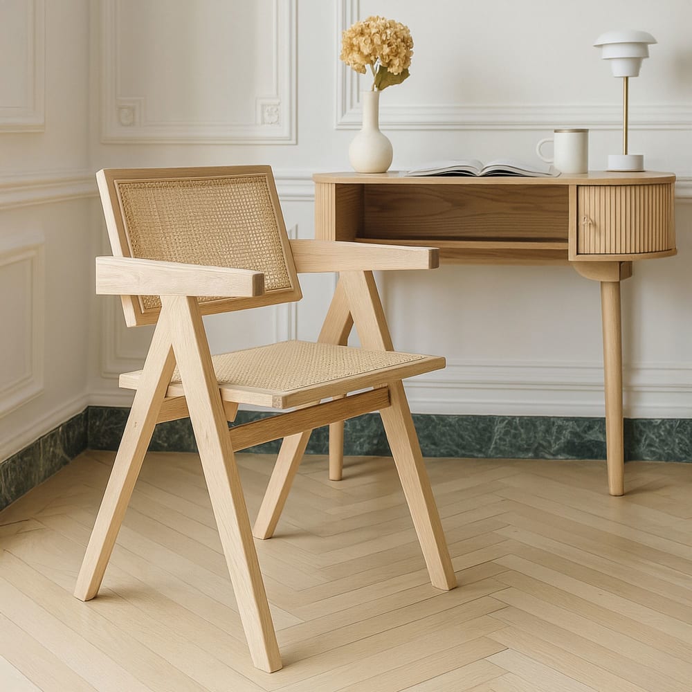 Fauteuil de bureau Hector en bois de pin naturel et cannage beige — vue 2