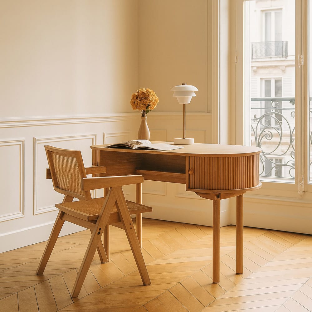 Fauteuil de bureau Hector en bois de pin naturel et cannage beige — vue 3