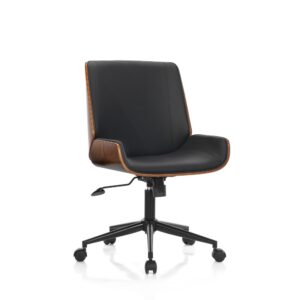 Chaise de bureau BRUGES DARK WOOD en bois cintré, assise noire rembourrée