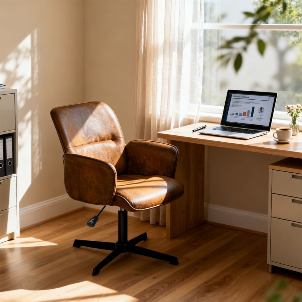 Fauteuil de bureau Thomasina en suédine marron avec accoudoirs en bois — vue 2