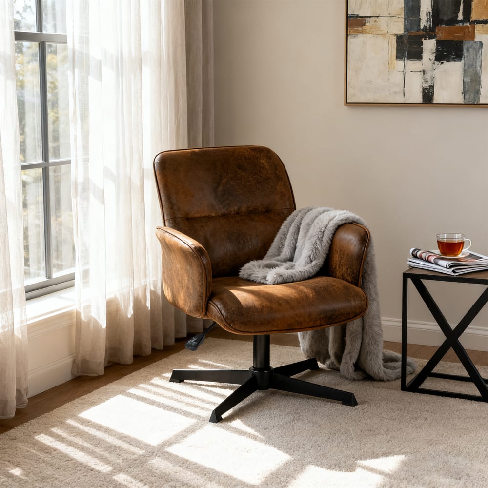 Fauteuil de bureau Thomasina en suédine marron avec accoudoirs en bois — vue 4