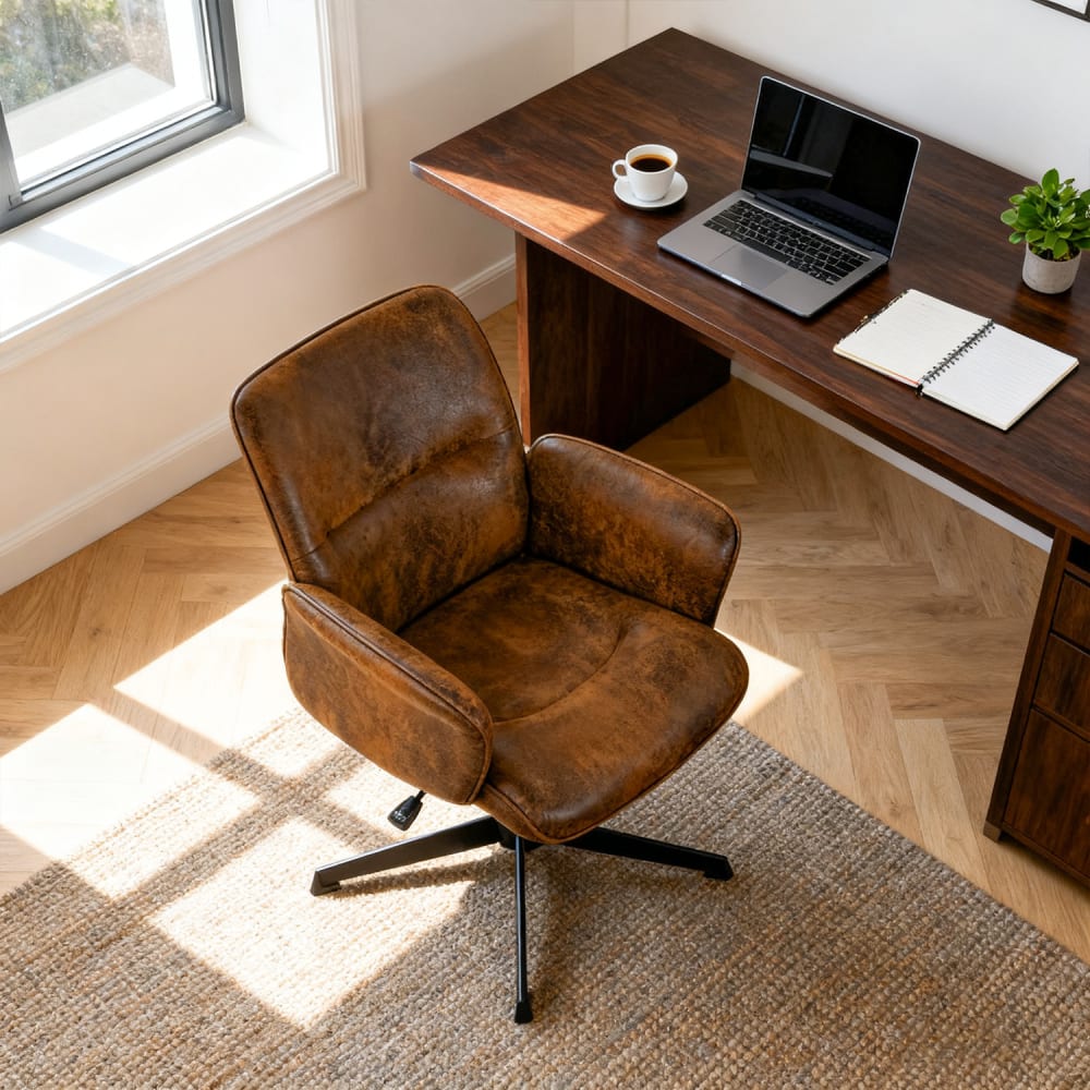 Fauteuil de bureau Thomasina en suédine marron avec accoudoirs en bois — vue 6