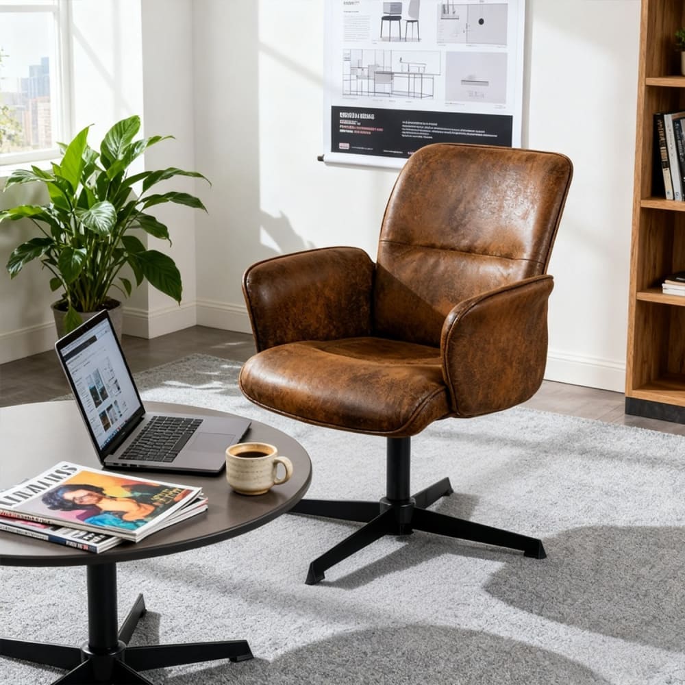 Fauteuil de bureau Thomasina en suédine marron avec accoudoirs en bois — vue 9