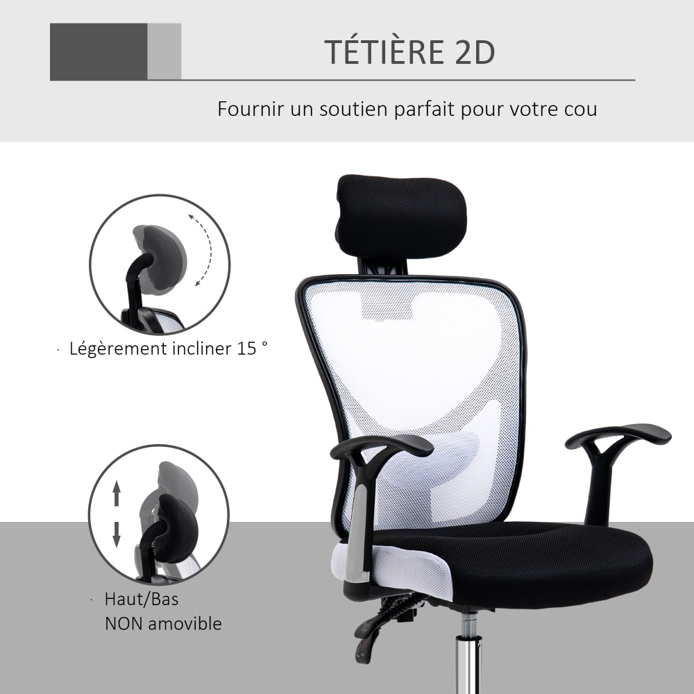 Chaise de bureau Vinsetto en maille noire et blanche avec appui-tête — vue 5