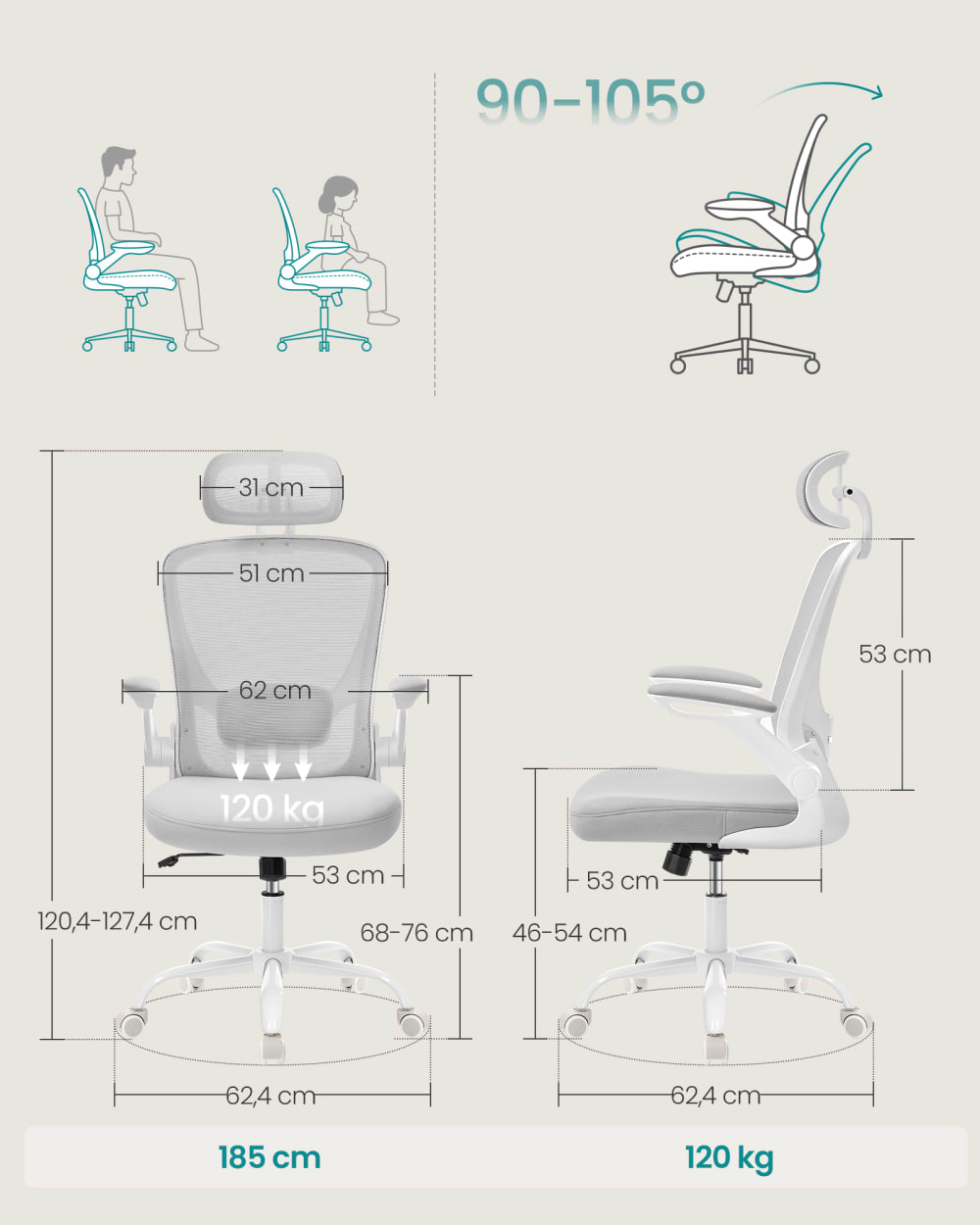 Chaise de bureau SONGMICS grise avec support lombaire et appui-tête — vue 2