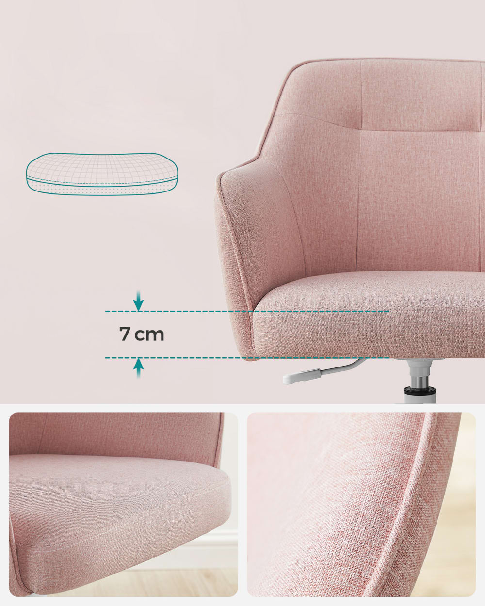 Chaise de bureau ergonomique SONGMICS rose avec assise rembourrée et roulettes — vue 3