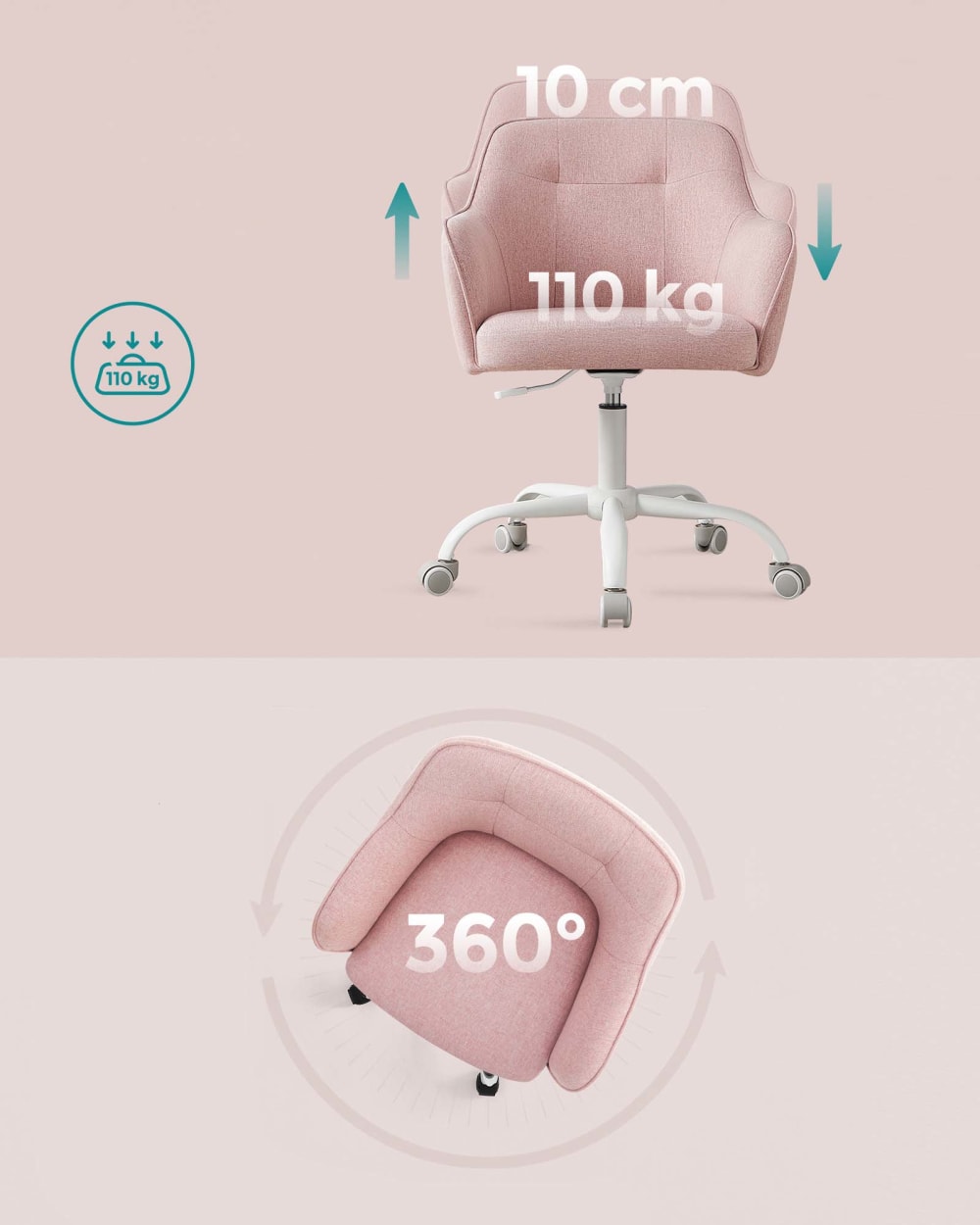 Chaise de bureau ergonomique SONGMICS rose avec assise rembourrée et roulettes — vue 4