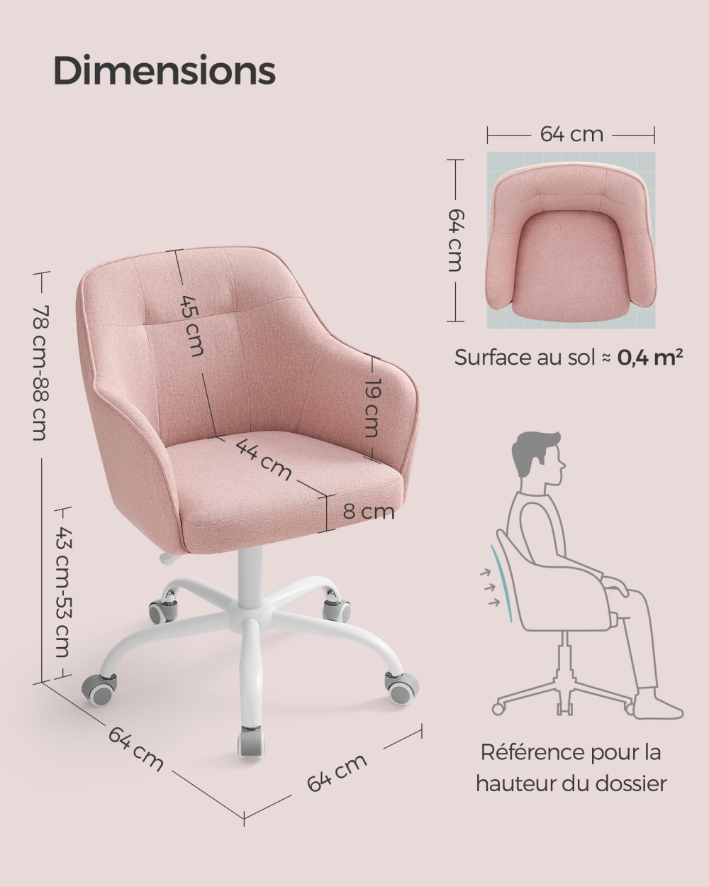 Chaise de bureau ergonomique SONGMICS rose avec assise rembourrée et roulettes — vue 5