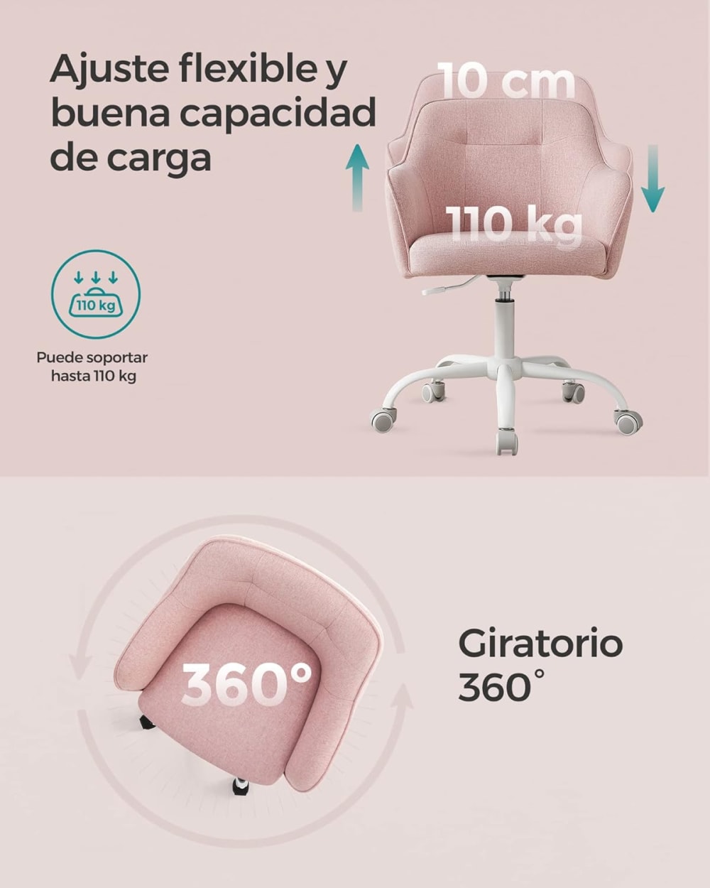 Chaise de bureau ergonomique SONGMICS rose avec assise rembourrée et roulettes — vue 7