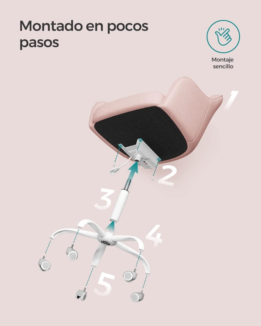 Chaise de bureau ergonomique SONGMICS rose avec assise rembourrée et roulettes — vue 8