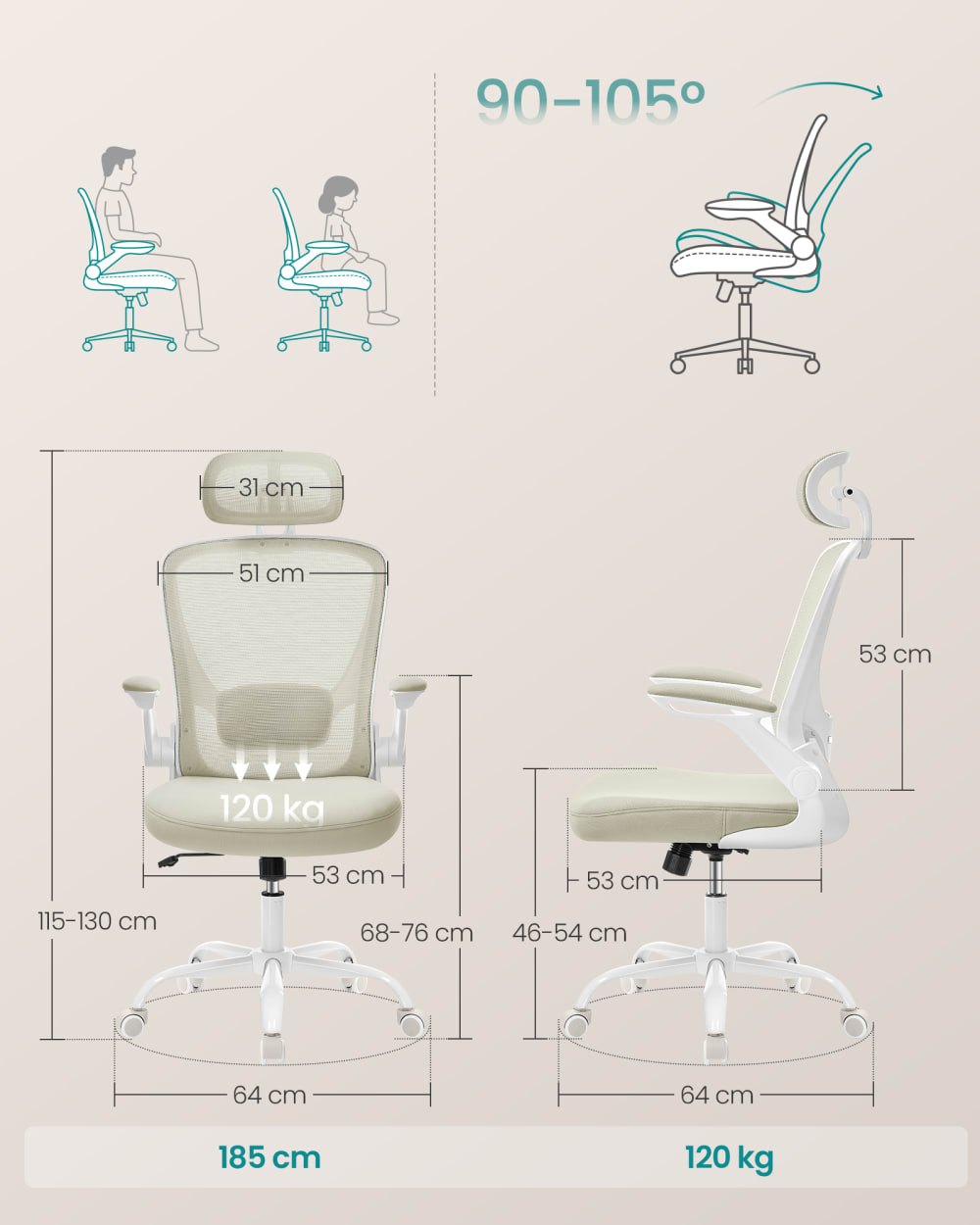 Chaise de bureau SONGMICS beige avec dossier en maille et accoudoirs — vue 2