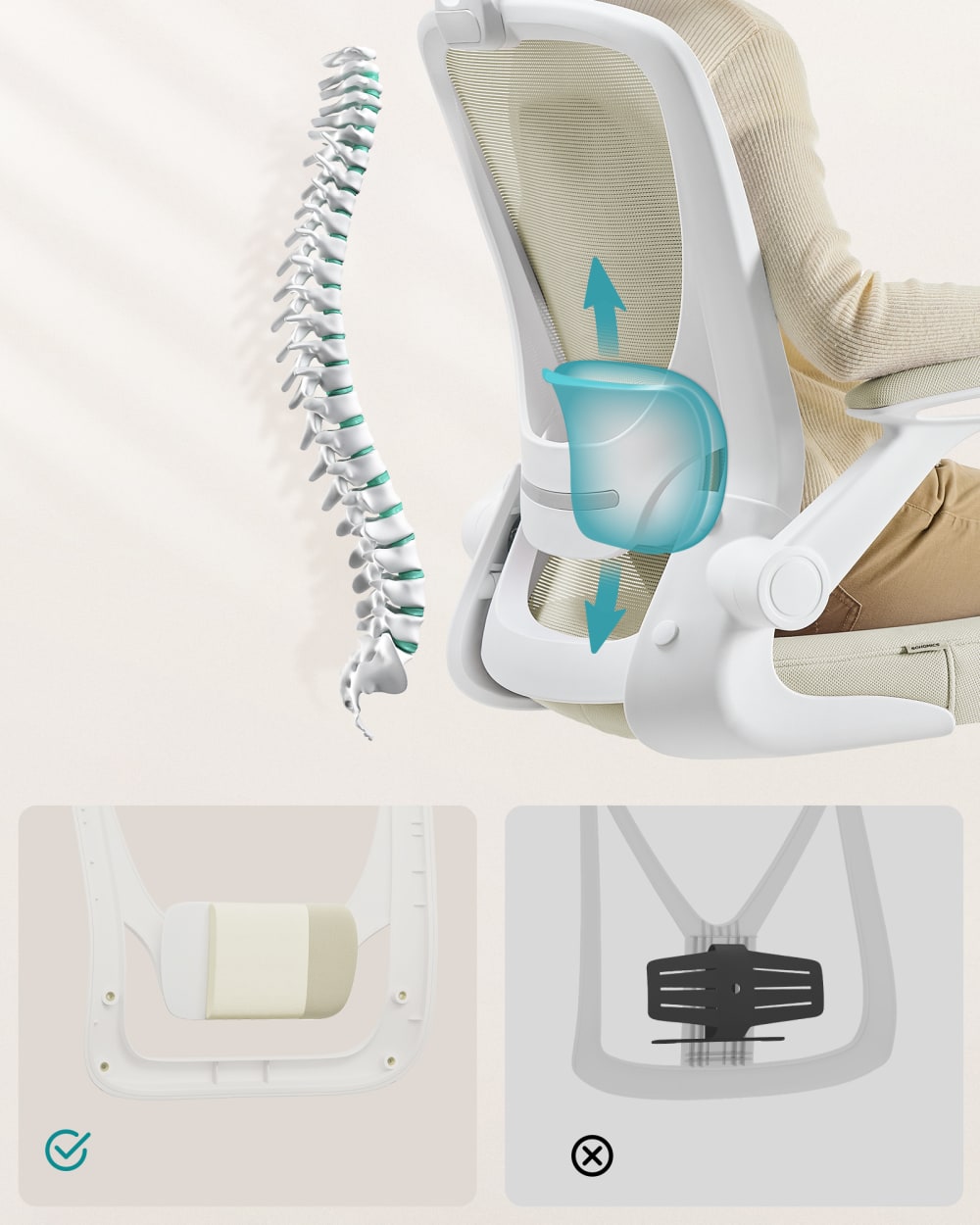 Chaise de bureau SONGMICS beige avec dossier en maille et accoudoirs — vue 3