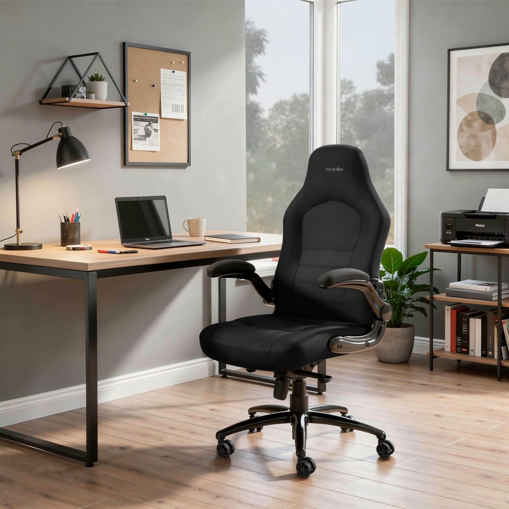 Chaise de bureau Tectake Springsteen en tissu noir avec accoudoirs rabattables — vue 2