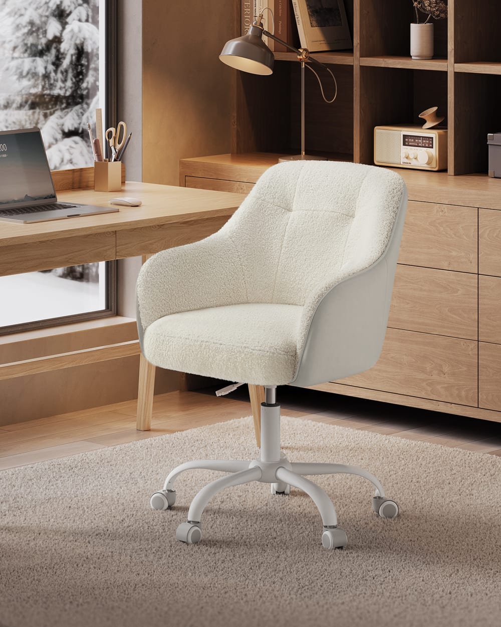 Chaise de bureau SONGMICS beige avec assise rembourrée, dossier courbé et roulettes — vue 2