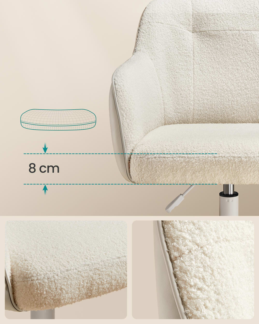 Chaise de bureau SONGMICS beige avec assise rembourrée, dossier courbé et roulettes — vue 4