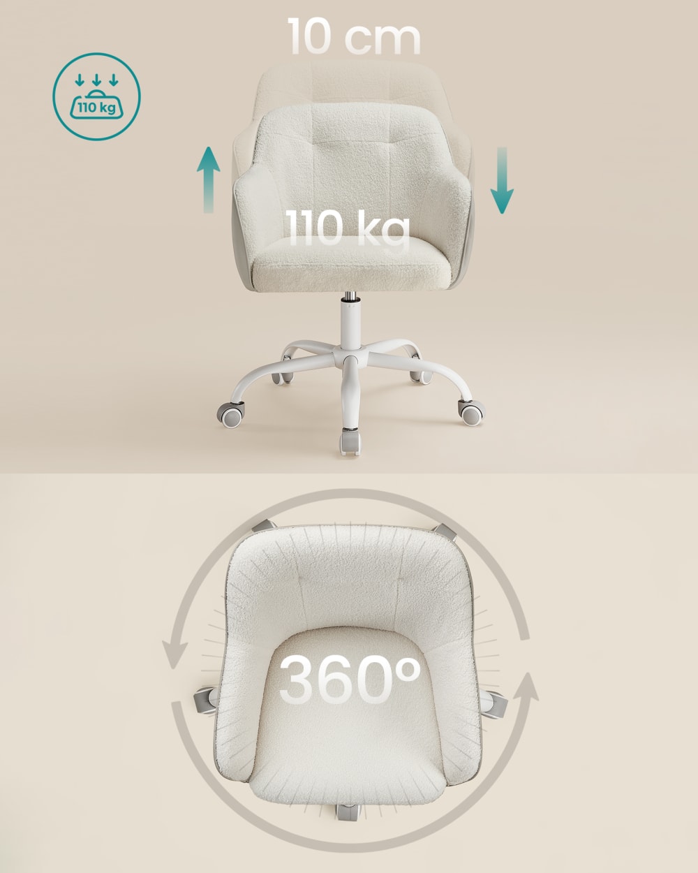 Chaise de bureau SONGMICS beige avec assise rembourrée, dossier courbé et roulettes — vue 5