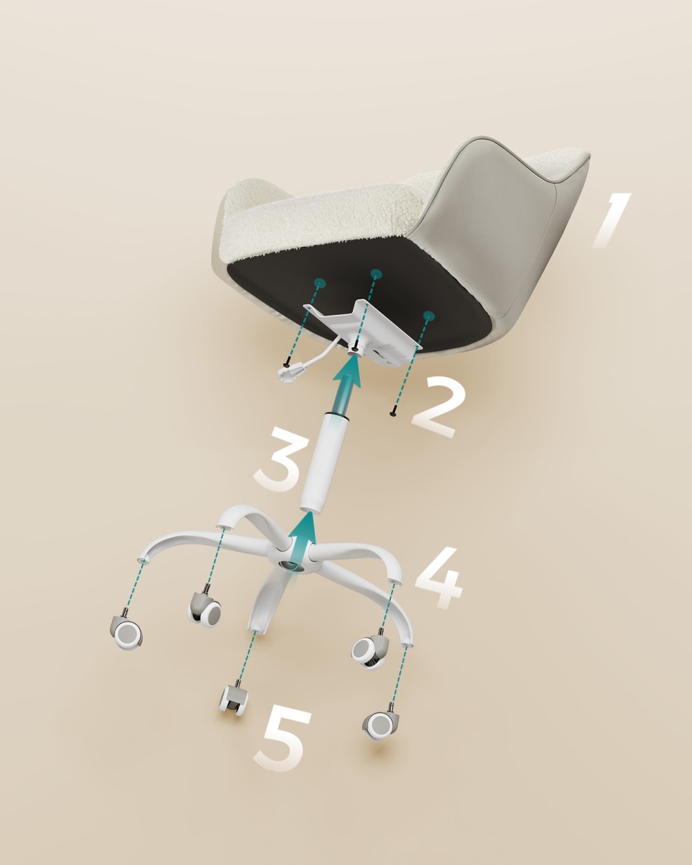 Chaise de bureau SONGMICS beige avec assise rembourrée, dossier courbé et roulettes — vue 6