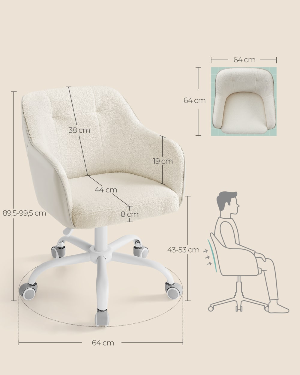 Chaise de bureau SONGMICS beige avec assise rembourrée, dossier courbé et roulettes — vue 7
