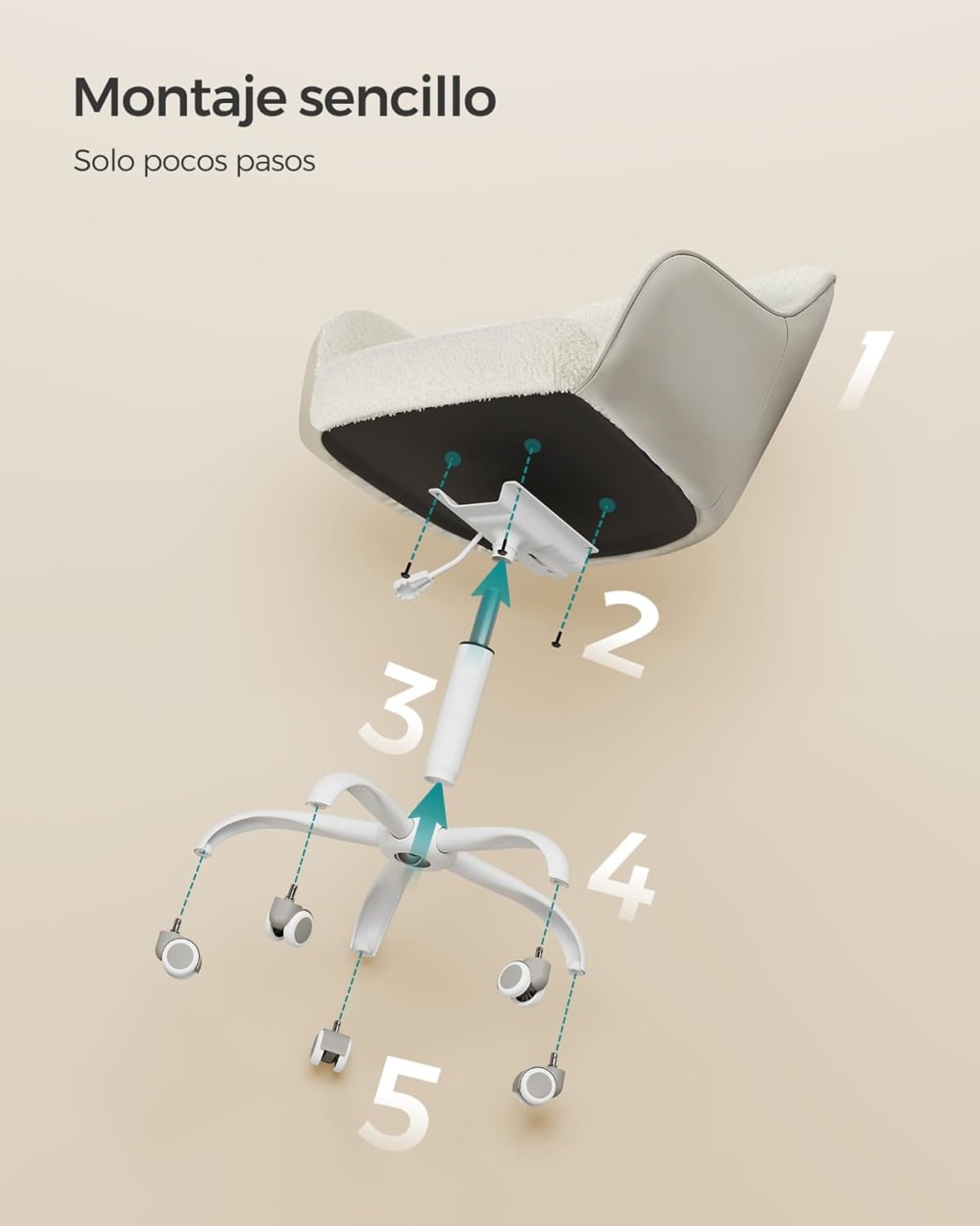 Chaise de bureau SONGMICS beige avec assise rembourrée, dossier courbé et roulettes — vue 8