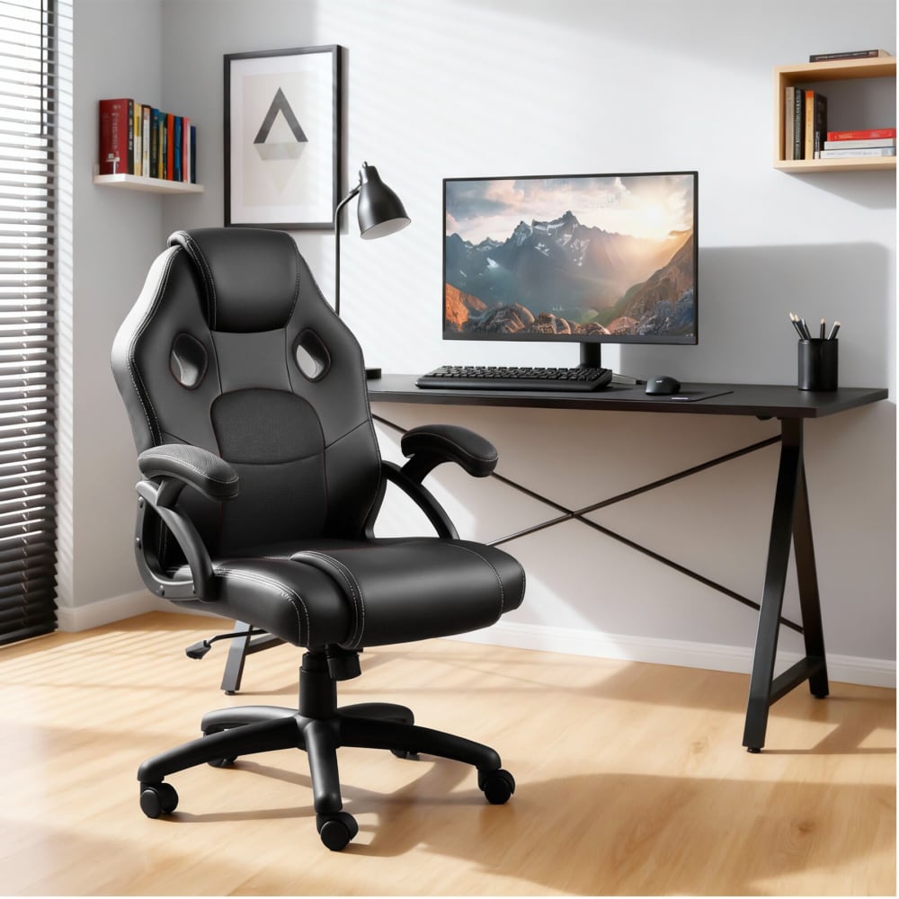Chaise gaming Tectake noire avec assise rembourrée, accoudoirs et roulettes doubles — vue 2
