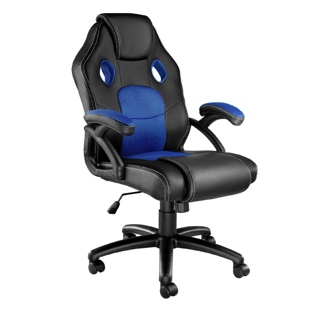 Chaise gaming Tectake noire et bleue avec dossier rembourré et roulettes doubles