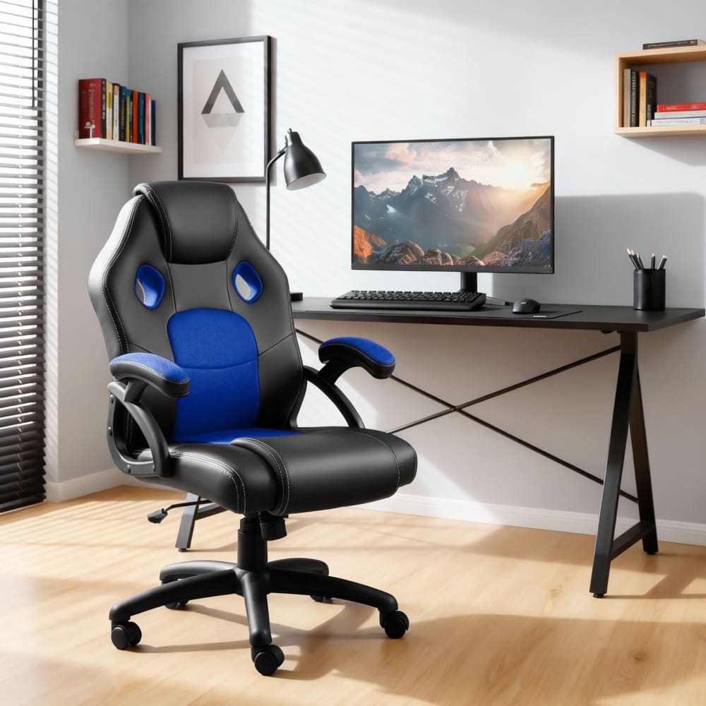 Chaise gaming Tectake noire et bleue avec dossier rembourré et roulettes doubles — vue 2