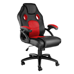 Chaise de bureau gaming Tectake noire et rouge avec dossier haut et accoudoirs
