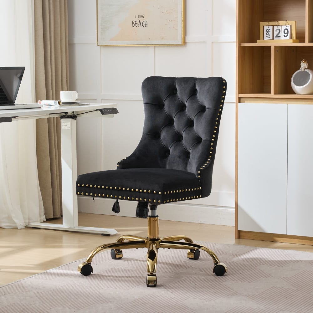 Chaise de bureau Urban Meuble en velours noir avec dossier capitonné et base dorée — vue 2