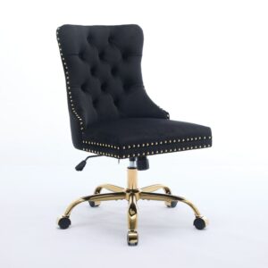 Chaise de bureau Urban Meuble en velours noir avec dossier capitonné et base dorée